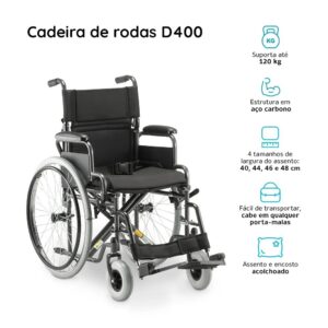 Cadeira de Rodas Resistente Manual Preta Dobrável de Aço 46cm D400 Dellamed
