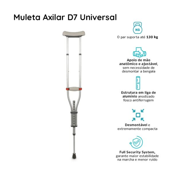 Muleta Axilar de Alumínio com Regulagem de Altura até 65 Kg D7 Dellamed