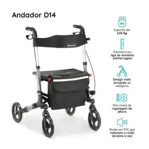 Andador de Alumínio Compacto 4 Rodas até 135 Kg D14 Dellamed