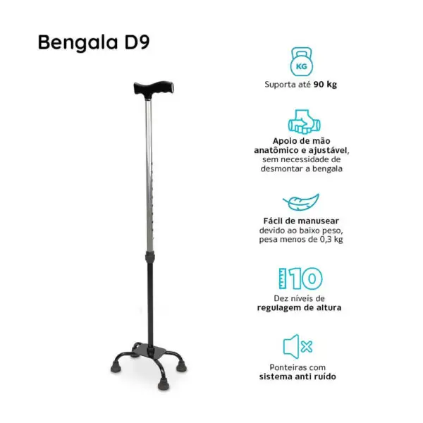 Bengala 4 Pontas com Regulagem de Altura até 90 Kg D9 Dellamed