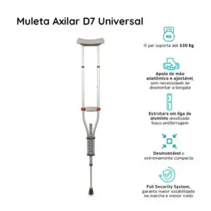 Muleta Axilar de Alumínio com Regulagem de Altura até 65 Kg D7 Dellamed