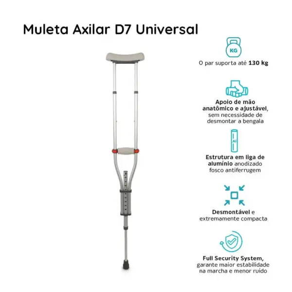 Muleta Axilar de Alumínio com Regulagem de Altura até 65 Kg D7 Dellamed